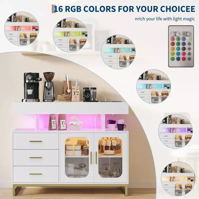 Buffet bahut moderne avec lumières LED RVB à détecteur automatique et station de recharge intégrée, table de bar à café avec rangement, 3 tiroirs et 2 portes