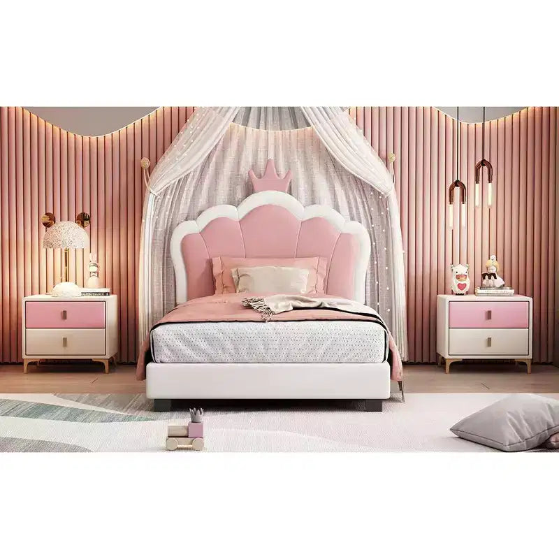Lit double capitonné princesse avec tête de lit couronne, lit plateforme avec tête de lit et pied de lit, crème et rose