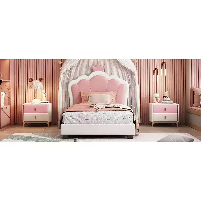 Lit double capitonné princesse avec tête de lit couronne, lit plateforme avec tête de lit et pied de lit, crème et rose