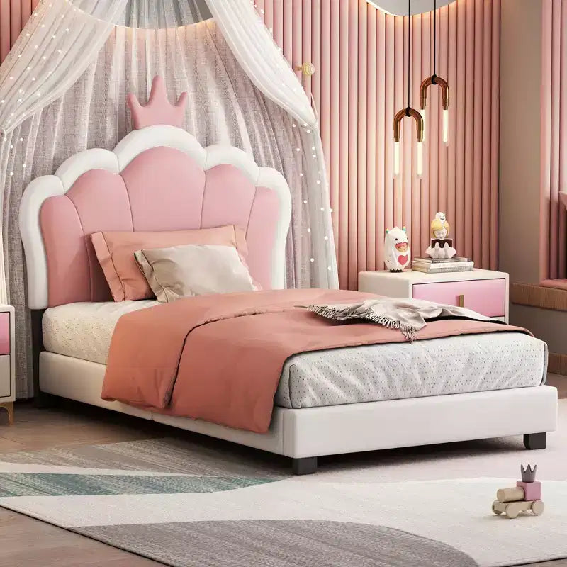 Lit double capitonné princesse avec tête de lit couronne, lit plateforme avec tête de lit et pied de lit, crème et rose