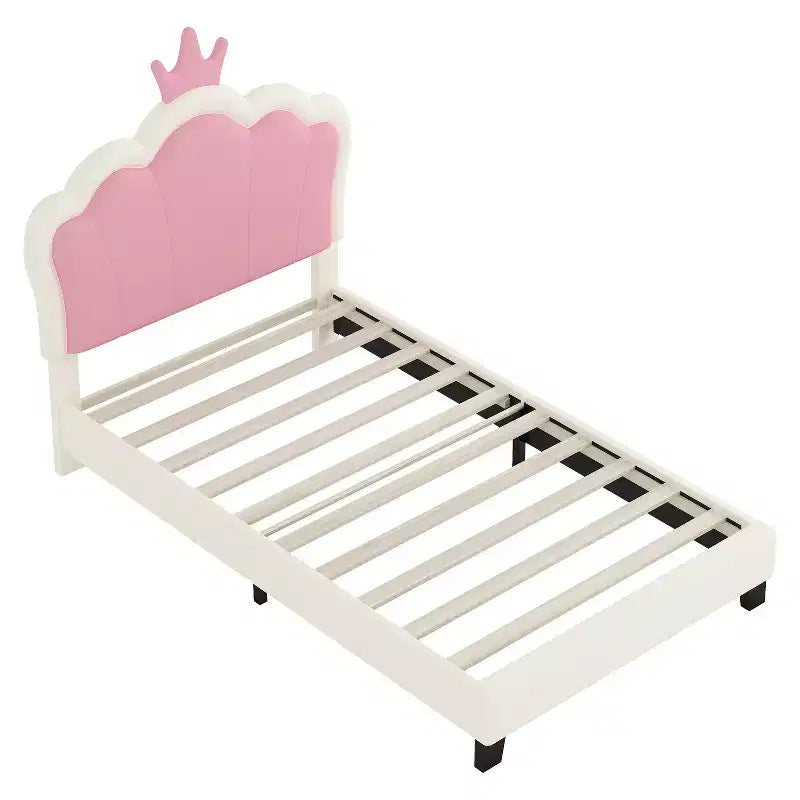 Lit double capitonné princesse avec tête de lit couronne, lit plateforme avec tête de lit et pied de lit, crème et rose