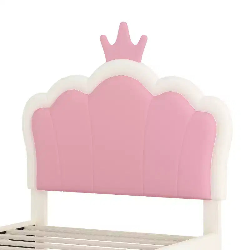 Lit double capitonné princesse avec tête de lit couronne, lit plateforme avec tête de lit et pied de lit, crème et rose
