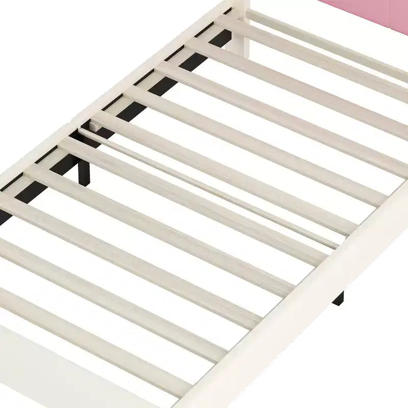 Lit double capitonné princesse avec tête de lit couronne, lit plateforme avec tête de lit et pied de lit, crème et rose