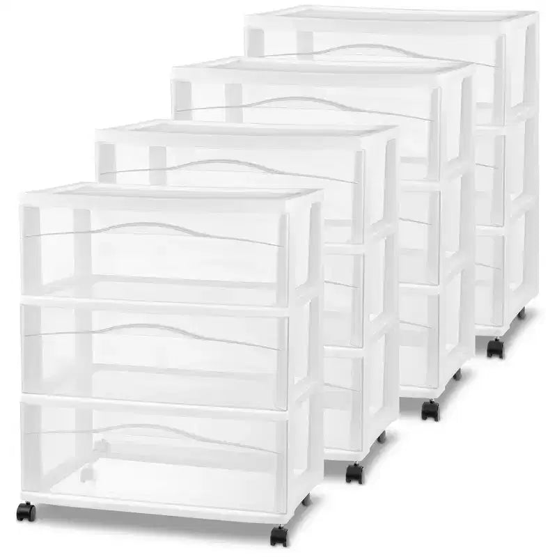 Sterilite Wide 3 Drawer Storage Cart, Plastic Rolling Organizer, White, 4 Pack
