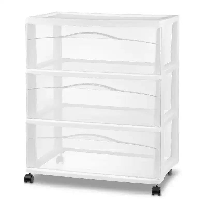 Chariot de rangement large à 3 tiroirs, Organiseur roulant en plastique, Blanc, Lot de 4