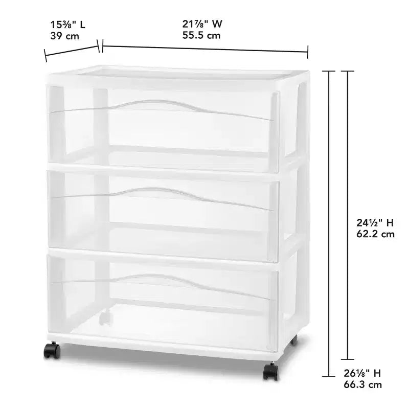 Chariot de rangement large à 3 tiroirs, Organiseur roulant en plastique, Blanc, Lot de 4