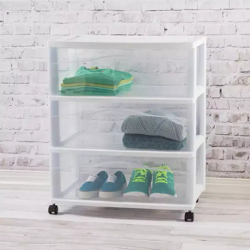 Chariot de rangement large à 3 tiroirs, Organiseur roulant en plastique, Blanc, Lot de 4