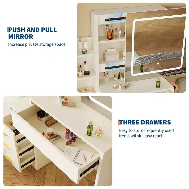 54.3" Coiffeuse Moderne à LED avec Tabouret Rembourré, 4 Tiroirs et Miroir Coulissant, Étagères de Rangement Ouvertes pour Chambre et Salle de Bain