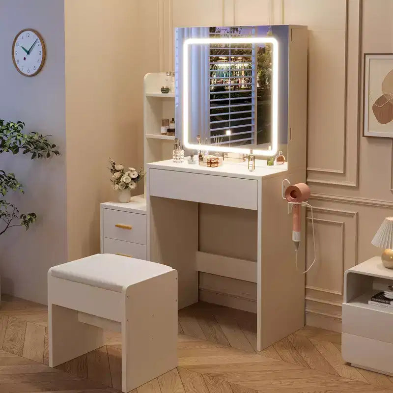 54.3" Coiffeuse Moderne à LED avec Tabouret Rembourré, 4 Tiroirs et Miroir Coulissant, Étagères de Rangement Ouvertes pour Chambre et Salle de Bain