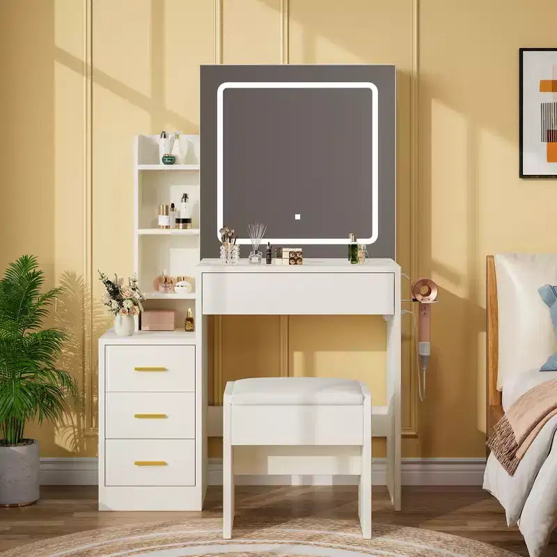 54.3" Coiffeuse Moderne à LED avec Tabouret Rembourré, 4 Tiroirs et Miroir Coulissant, Étagères de Rangement Ouvertes pour Chambre et Salle de Bain