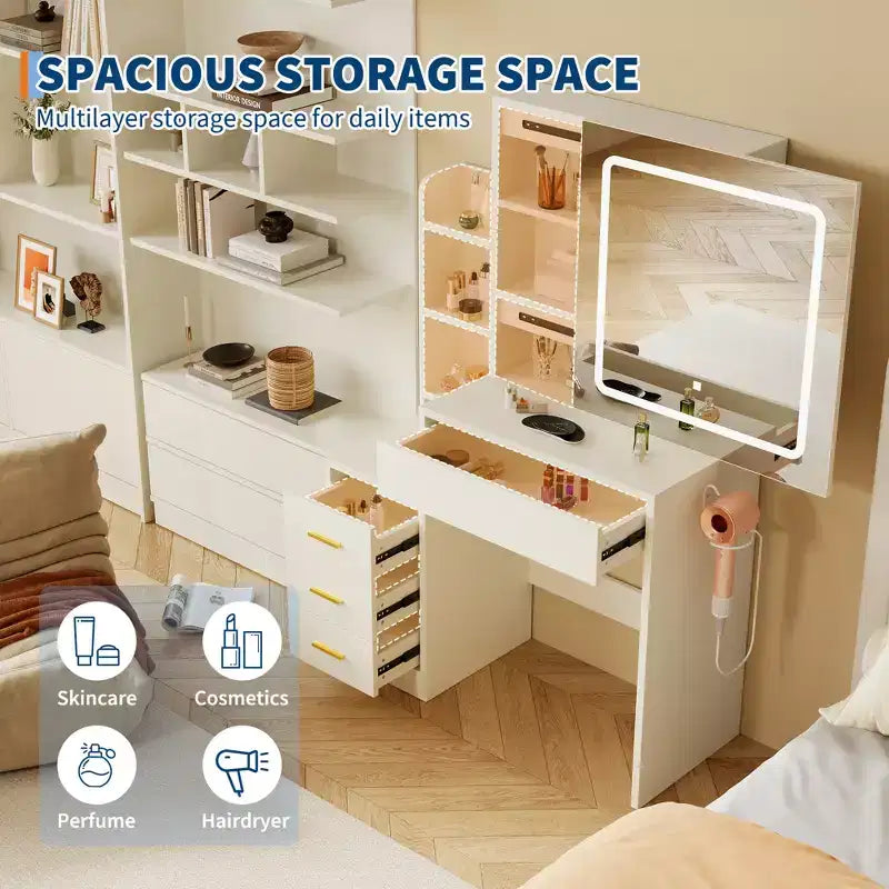 54.3" Coiffeuse Moderne à LED avec Tabouret Rembourré, 4 Tiroirs et Miroir Coulissant, Étagères de Rangement Ouvertes pour Chambre et Salle de Bain