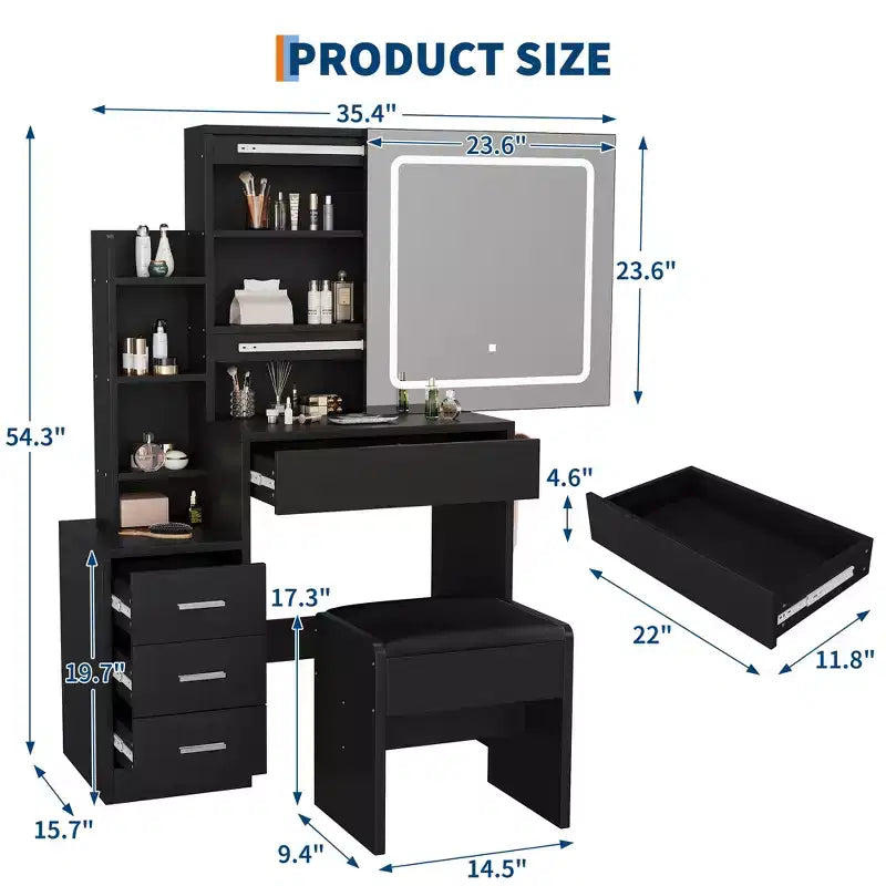54.3" Coiffeuse Moderne à LED avec Tabouret Rembourré, 4 Tiroirs et Miroir Coulissant, Étagères de Rangement Ouvertes pour Chambre et Salle de Bain