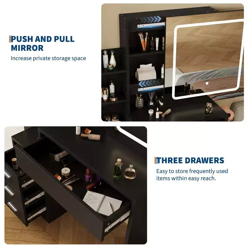 54.3" Coiffeuse Moderne à LED avec Tabouret Rembourré, 4 Tiroirs et Miroir Coulissant, Étagères de Rangement Ouvertes pour Chambre et Salle de Bain