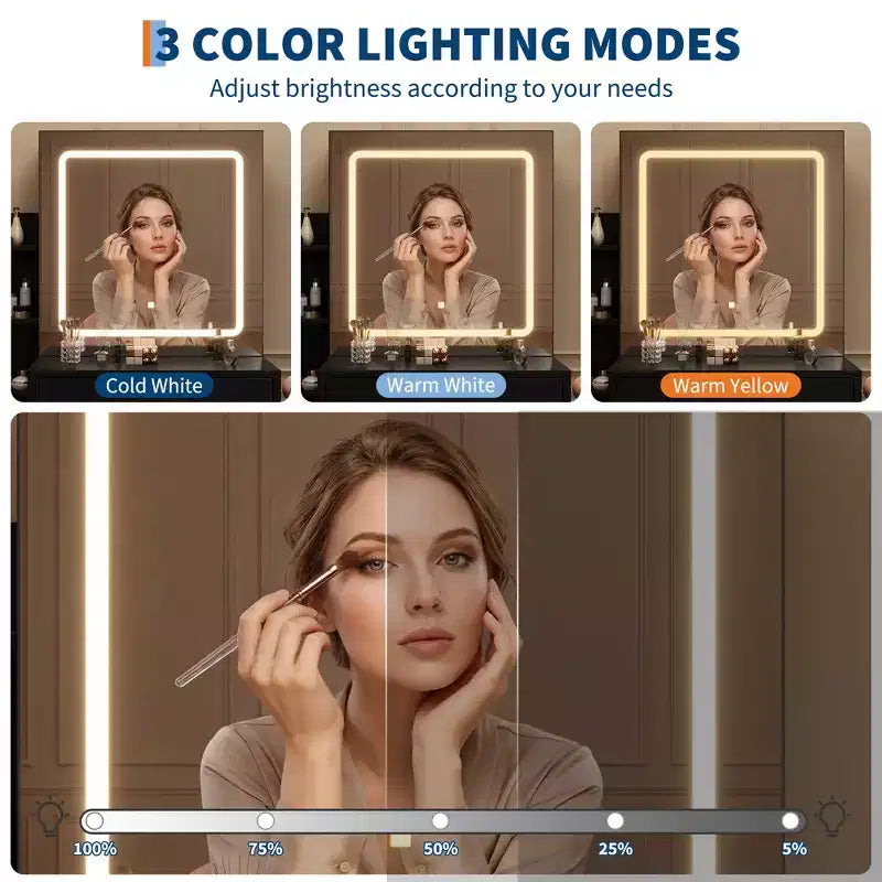 54.3" Coiffeuse Moderne à LED avec Tabouret Rembourré, 4 Tiroirs et Miroir Coulissant, Étagères de Rangement Ouvertes pour Chambre et Salle de Bain