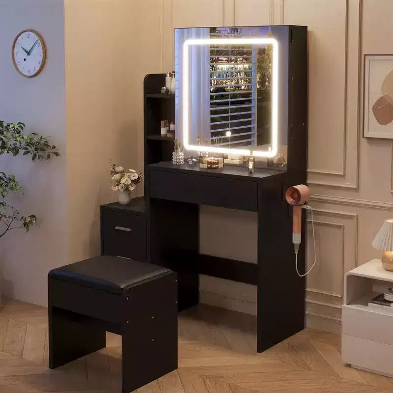 54.3" Coiffeuse Moderne à LED avec Tabouret Rembourré, 4 Tiroirs et Miroir Coulissant, Étagères de Rangement Ouvertes pour Chambre et Salle de Bain