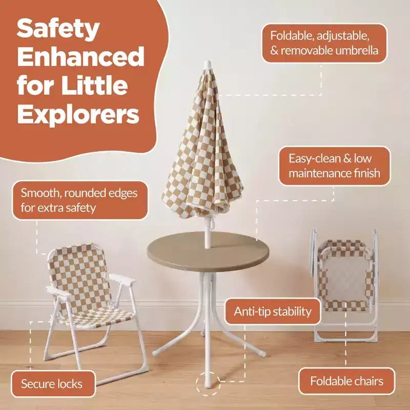 Table et chaise d'extérieur pour enfants avec parasol, pique-nique pliable pour tout-petits de 2 à 5 ans - Marron clair