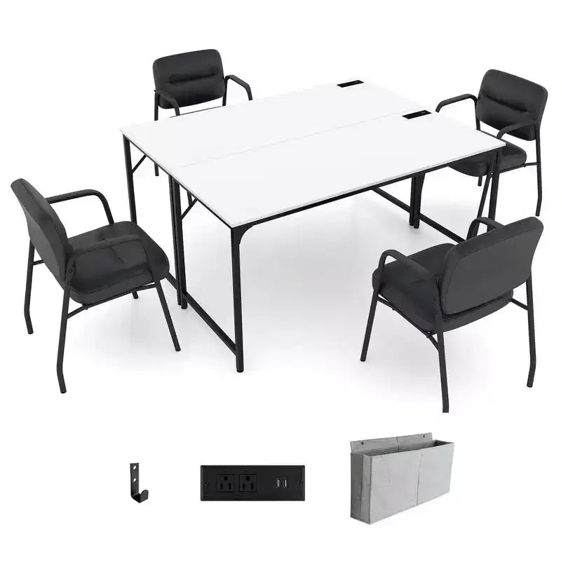 Costway Set of 2/4/6 Meeting Room Desk with Charging Station & Headphone Hook Metal Frame White